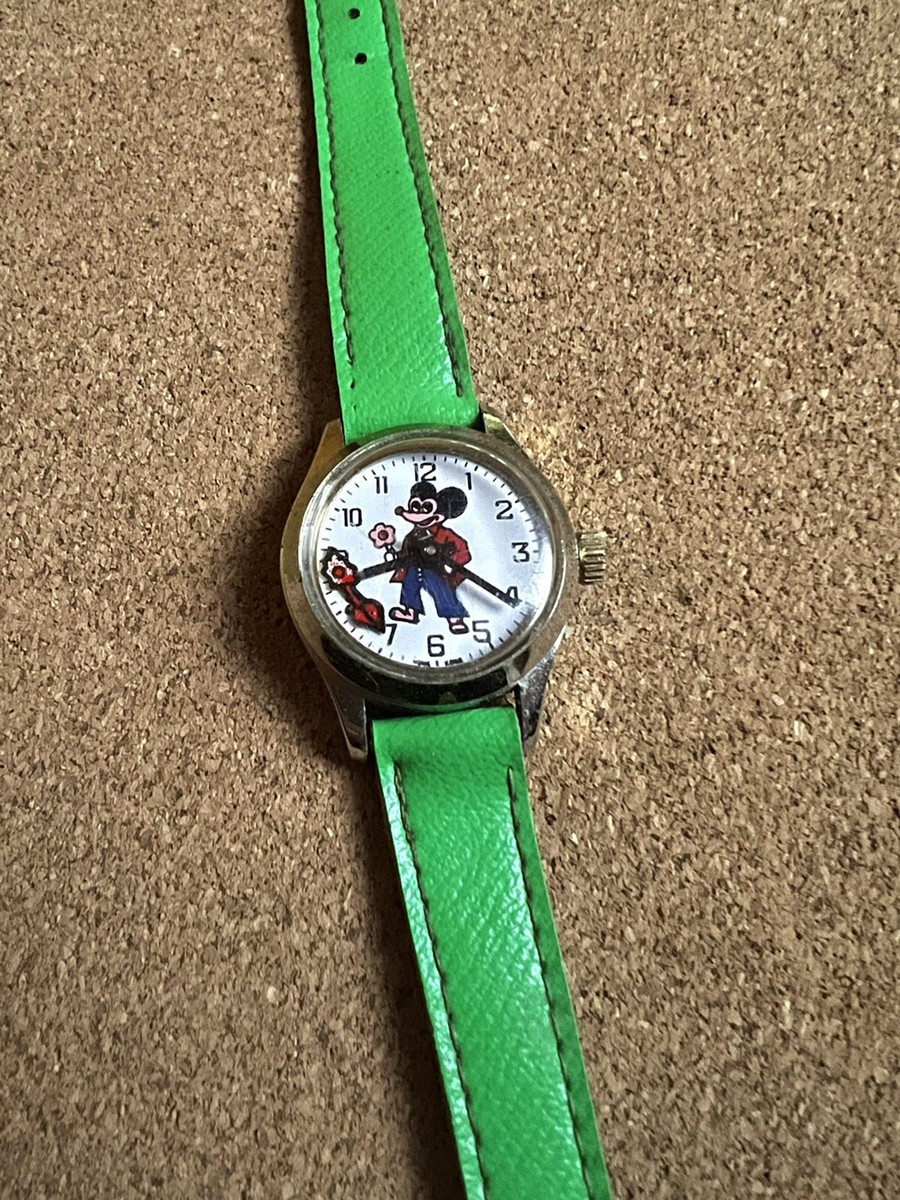Vintage Mickey Mouse Wrist Watch Small Wind Up Moving Flower 