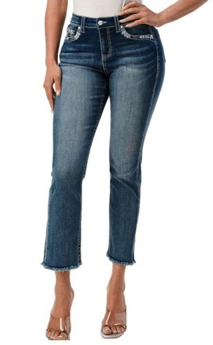 Grace in LA Jeans Flood Fray Hem Mid Rise Aztec Dream Catcher Cropped Plus Size - Picture 4 of 5