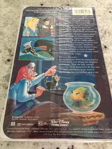Disney Pinocchio VHS Factory Sealed Rare Collectors Edition 1993 - Picture 2 of 3