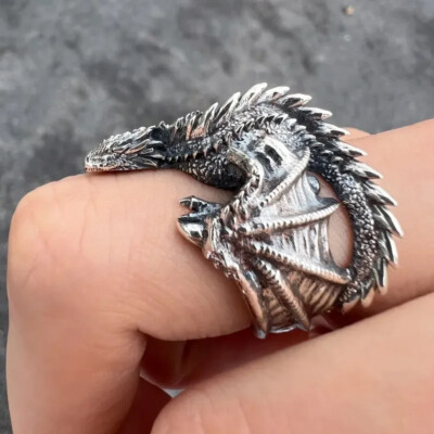 Men Fashion Dragon Ring Punk Viking Alloy Huge GOT Dragon Biker