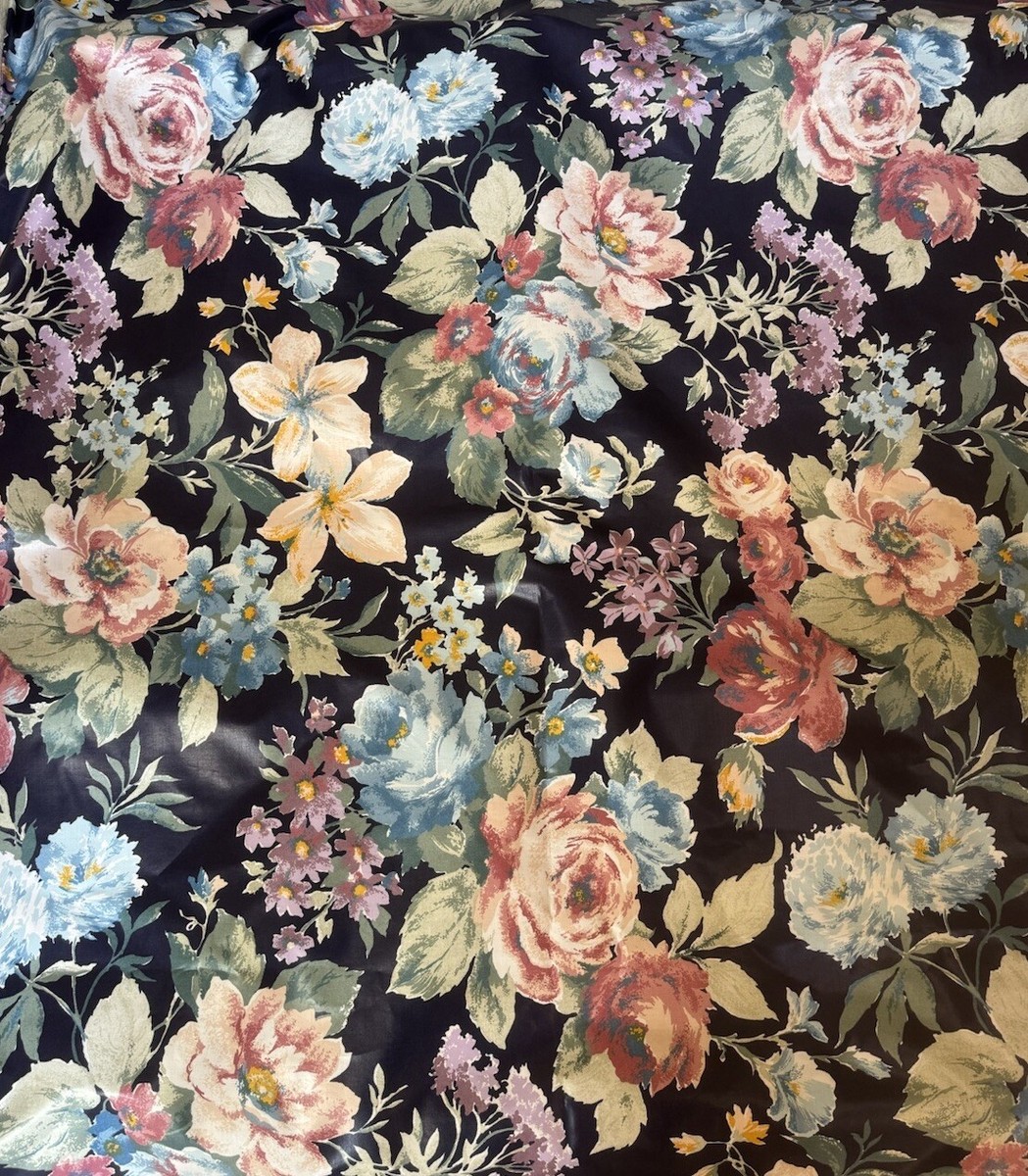 Vintage 80s Chintz Floral Fabric 1986 Navy Green Pink Large Scale