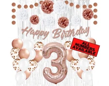 Rose Gold 3rd Birthday Decorations for Girls - 40" Number Balloons & More