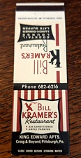 Vintage Matchbook: Bill Kramer's Restaurant, Pittsburgh, PA