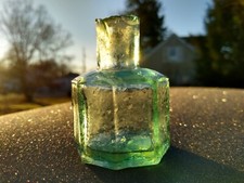 Antique Inkwell Aqua Blown Glass Sheared Lip M On Base Ink Bottle 2.5" 8 Side
