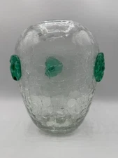 Early Blenko Glass #423S Sea Green Rose Medallions Crystal Crackle Glass Vase