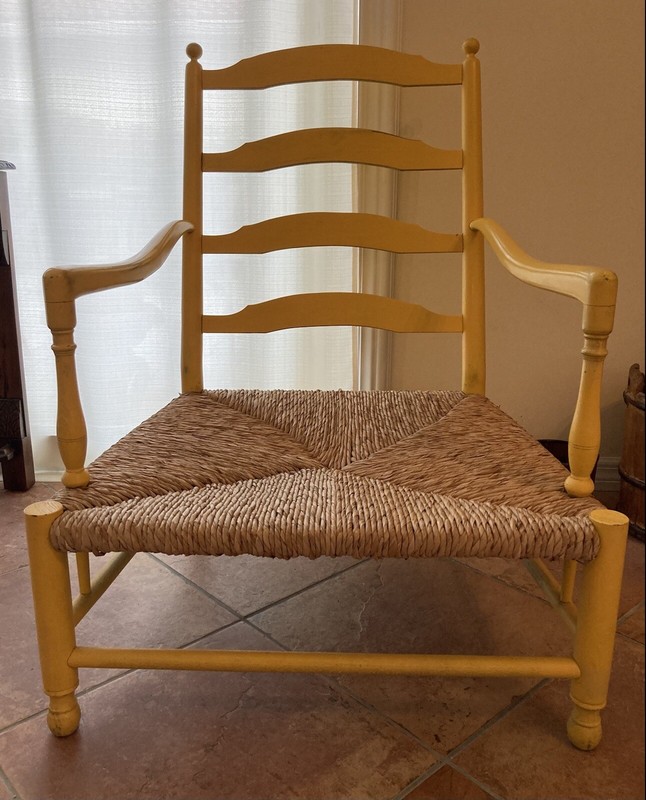 Vintage Wide Rattan and Wood Chair. Country Farm House. Monkey Pattern. Yellow