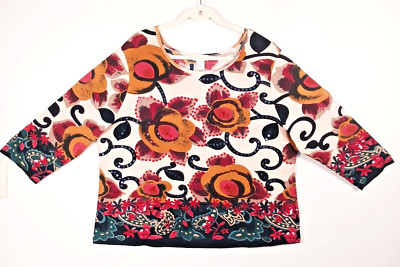 Monroe & Main Sz 2X Top Floral Paisley Cream Maroon Gold Sequins 3/4 Sleeve