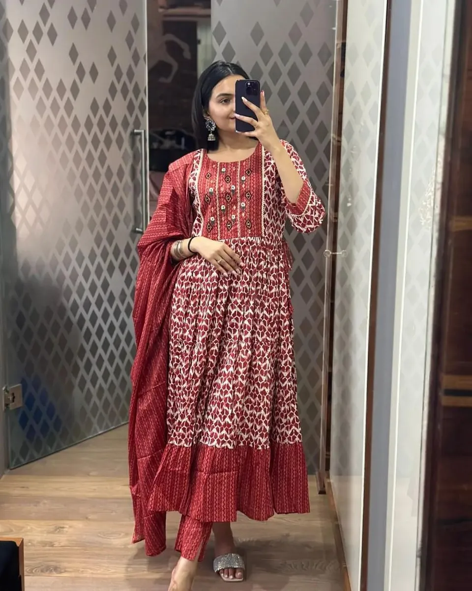 Red Indian Pakistani Ethnic Anarkali Kurti Designer Gown Tunic Rayon Flared  Dress