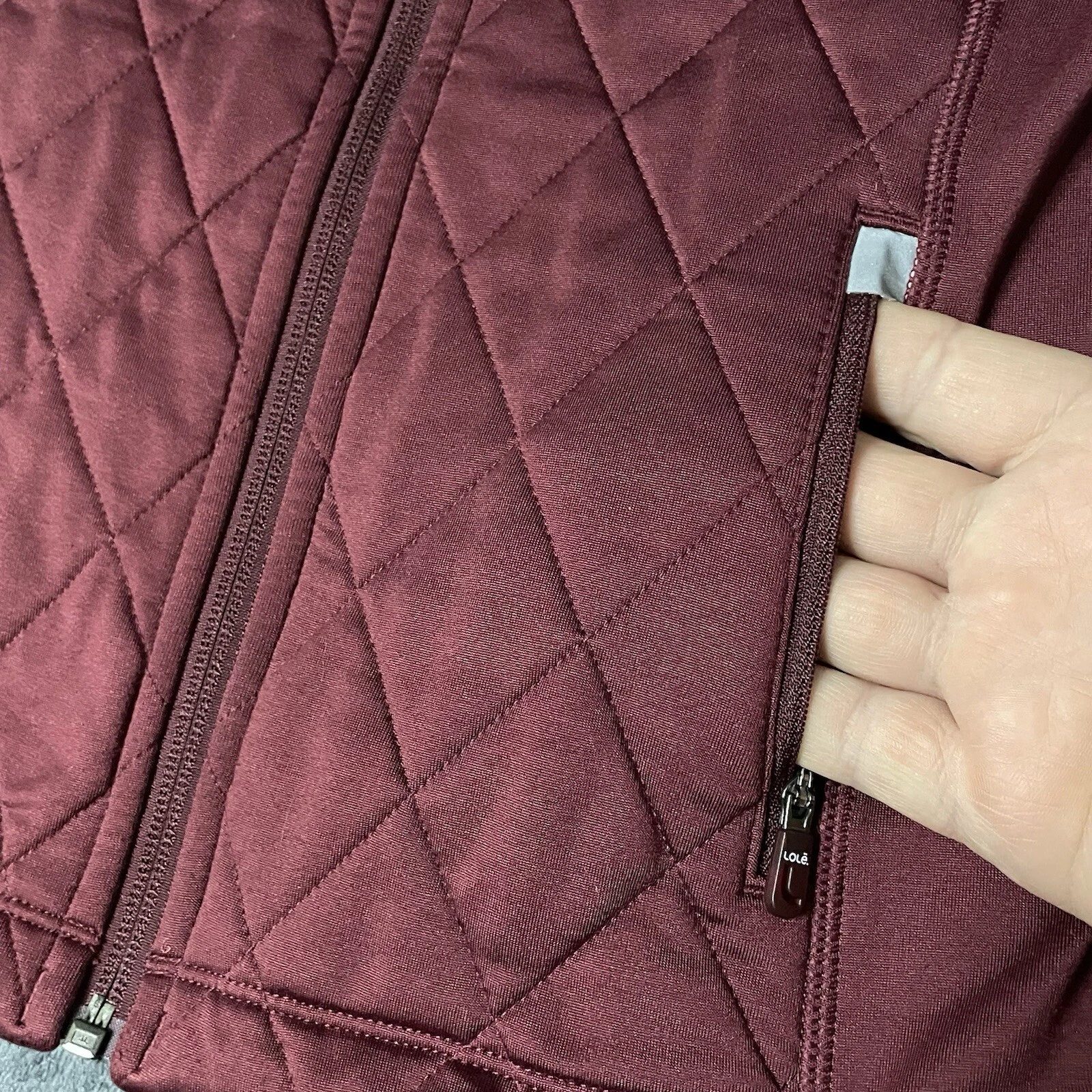 lole mixed media zip pocket quilted full zip soft shell jacket