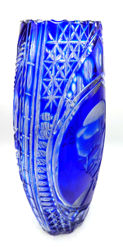 Jarrón de cristal azul cobalto grabado bohemio Papa Juan Pablo II vintage grande 15" - Imagen 4 de 11
