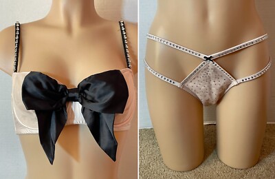 34D M VICTORIA'S SECRET Rhinestone SATIN BOW BRA Panty Set Push-Up Ivory/Black