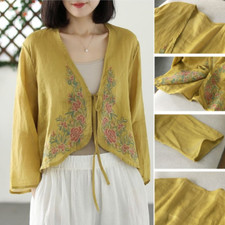 Lady Ethnic Embroidered Shirt Open Tie Blouse 3/4 Sleeve Top Chinese Hanfu Retro