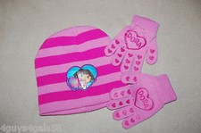 Girls GLOVES STOCKING HAT SET Knit PINK Stripes Hearts DORA