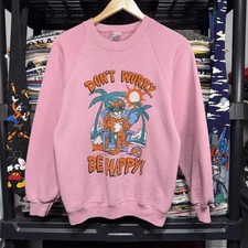 Vintage "Don't Worry Be Happy " Cat Pink Sweatshirt Size M 80s Made in USA