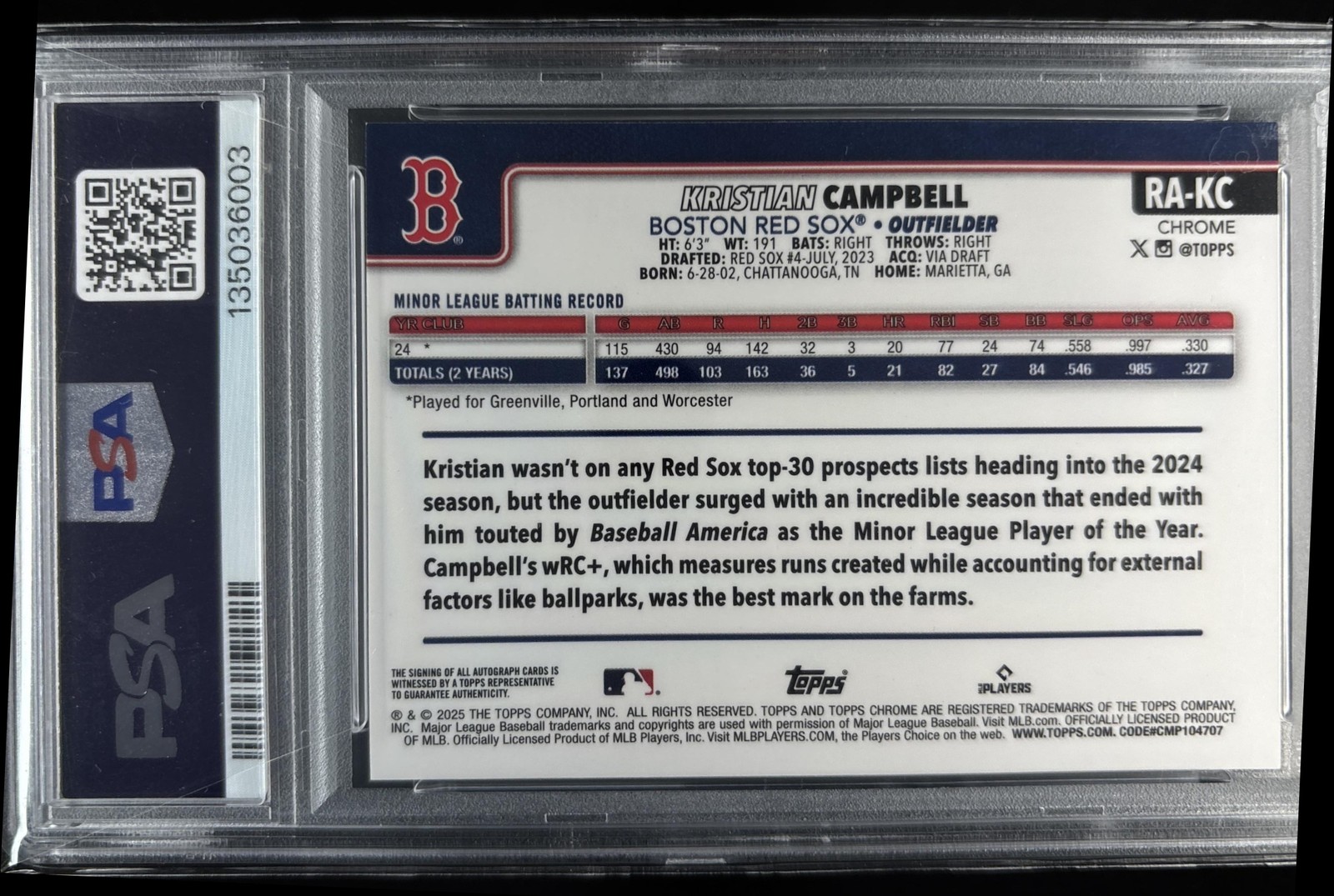Kristian Campbell 2025 Topps Chrome Rookie Auto RC /299 PSA 9 view 2