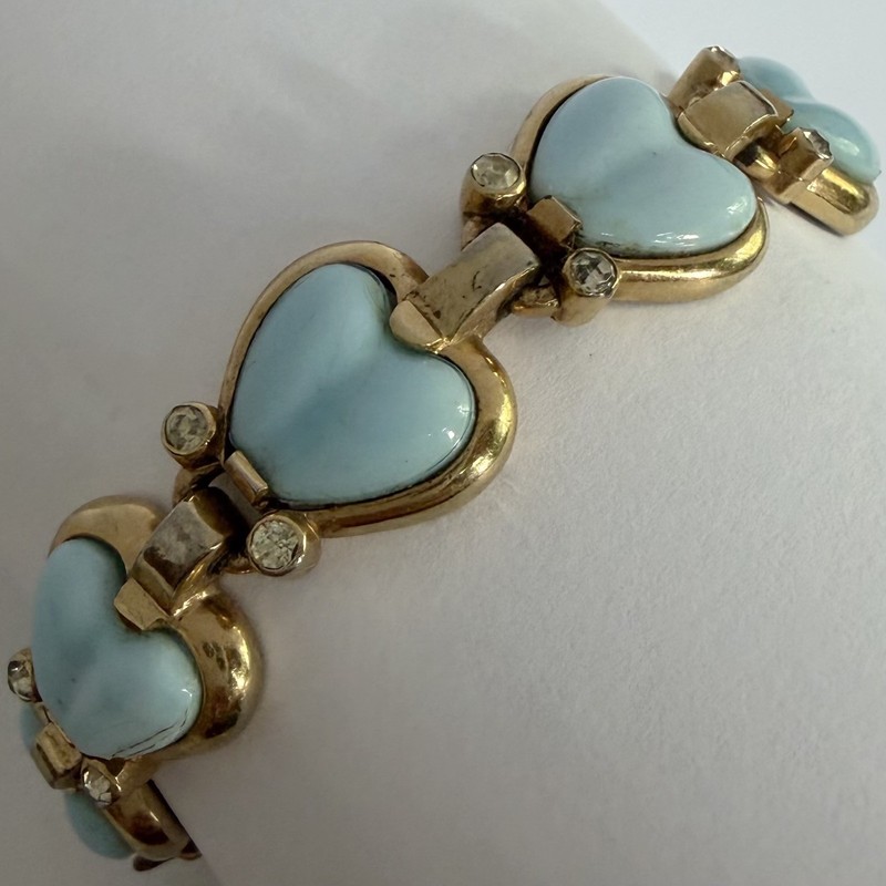 SMALL RARE VINTAGE MAZER BLUE POURED GLASS HEART CRYSTAL RHINESTONE BRACELET