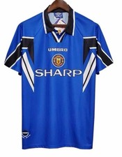 Blue Umbro Manchester United 1996-98 third football shirt featuring the "Sharp"
