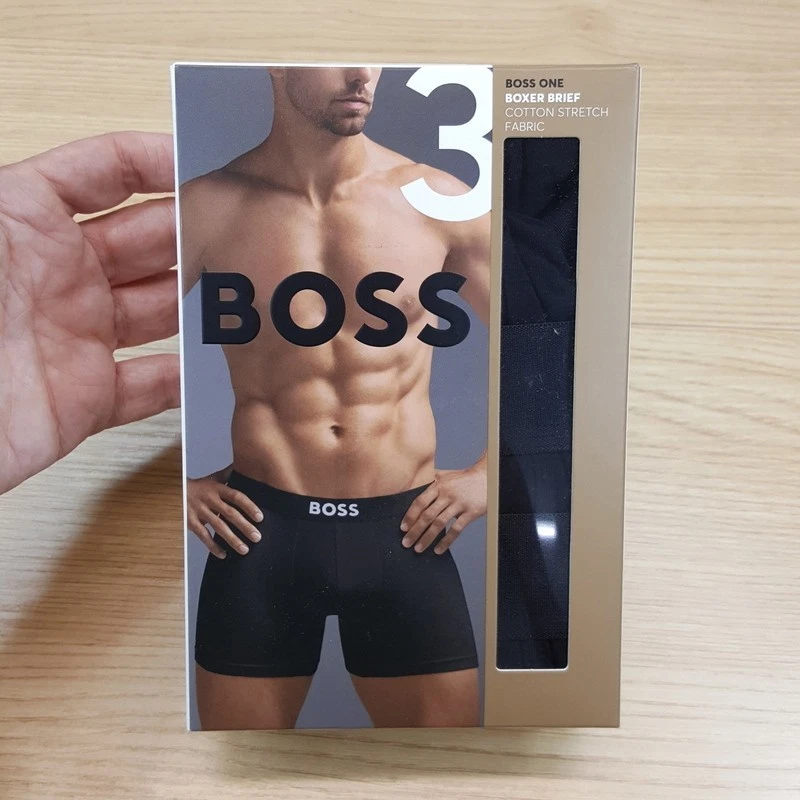 Paquete de 3 calzoncillos boxer HUGO BOSS para hombre grandes negros lisos largos de algodón elástico con logotipo Foto 2 de 4