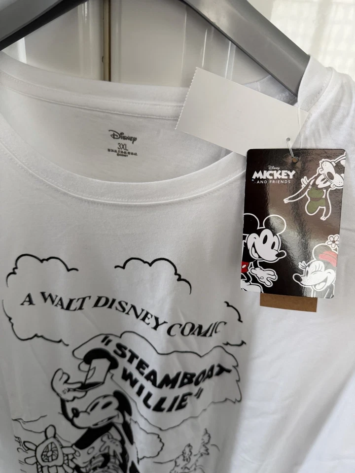 T.Shirt Disney Mickey Steamboat Willie 3 XL 54/56 Blc Imp Géant Noir Devt Coton - Photo 3/4
