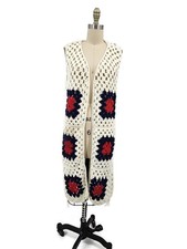 Granny Square Crochet Knit Long Vest Womens L Red White Blue
