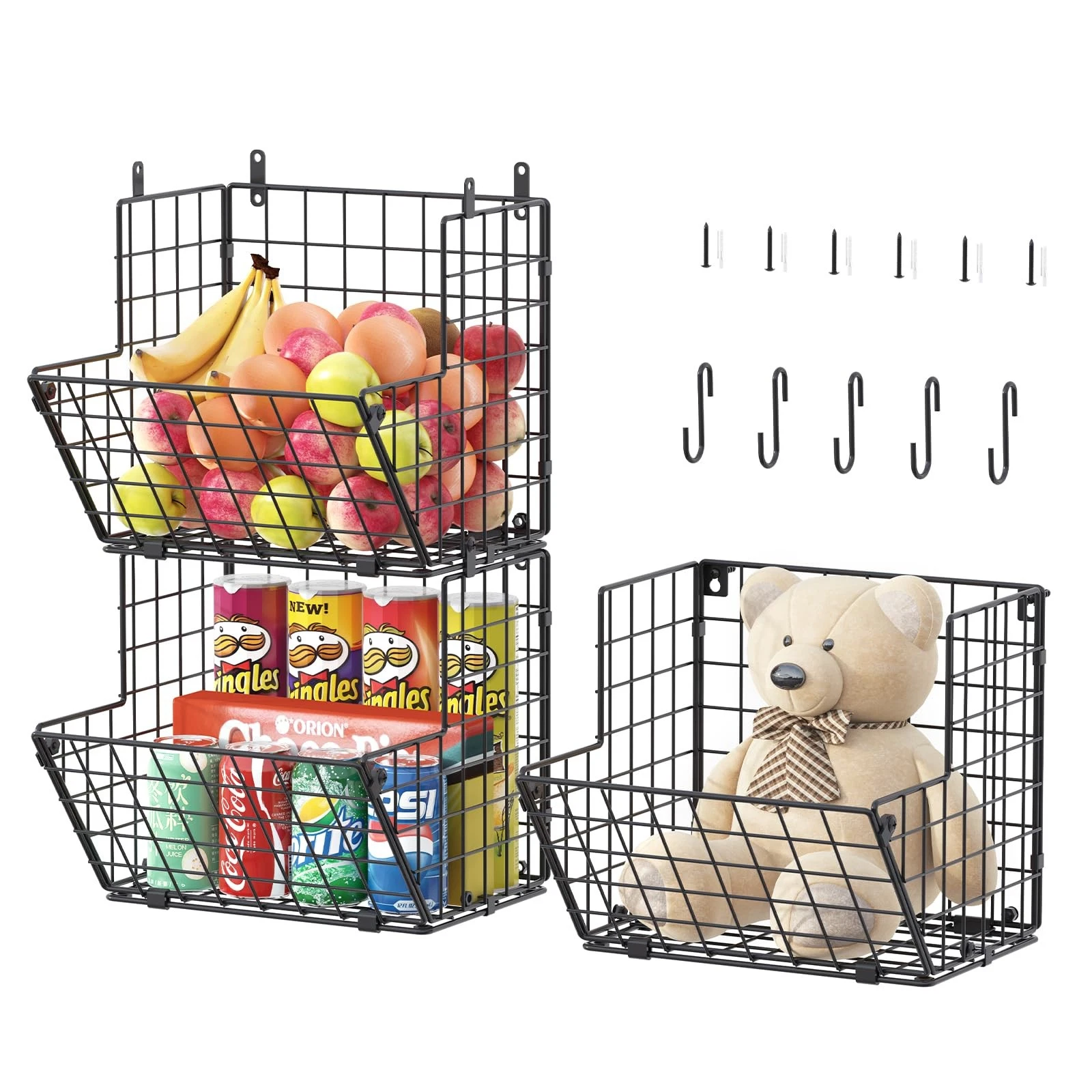 Metal Wire Basket Wall Mount, 3 Tier Wall Storage Organizer with 5 S Hooks, K...