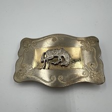 Vintage Bucking Horse Western Nickel Silver Belt Buckle Floral Cowboy