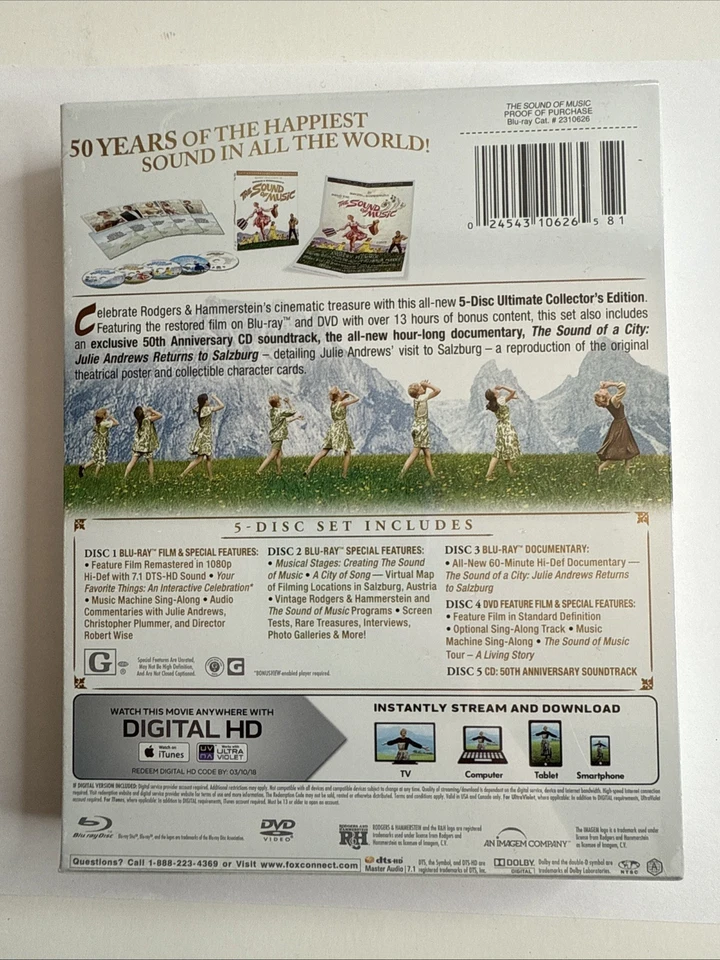 The Sound of Music (50th Anniversary 5-Disc Blu-ray / DVD / CD) Sealed NEW OOP - Image 2 of 4