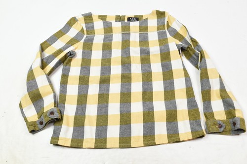 APC Malo Overshirt Womens Large Yellow Gray Plaid Long Sleeve Pullover Cotton
