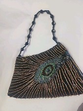 Cato Beaded Evening Purse Peacock Feather Design Black Beaded Handle Zip Closure