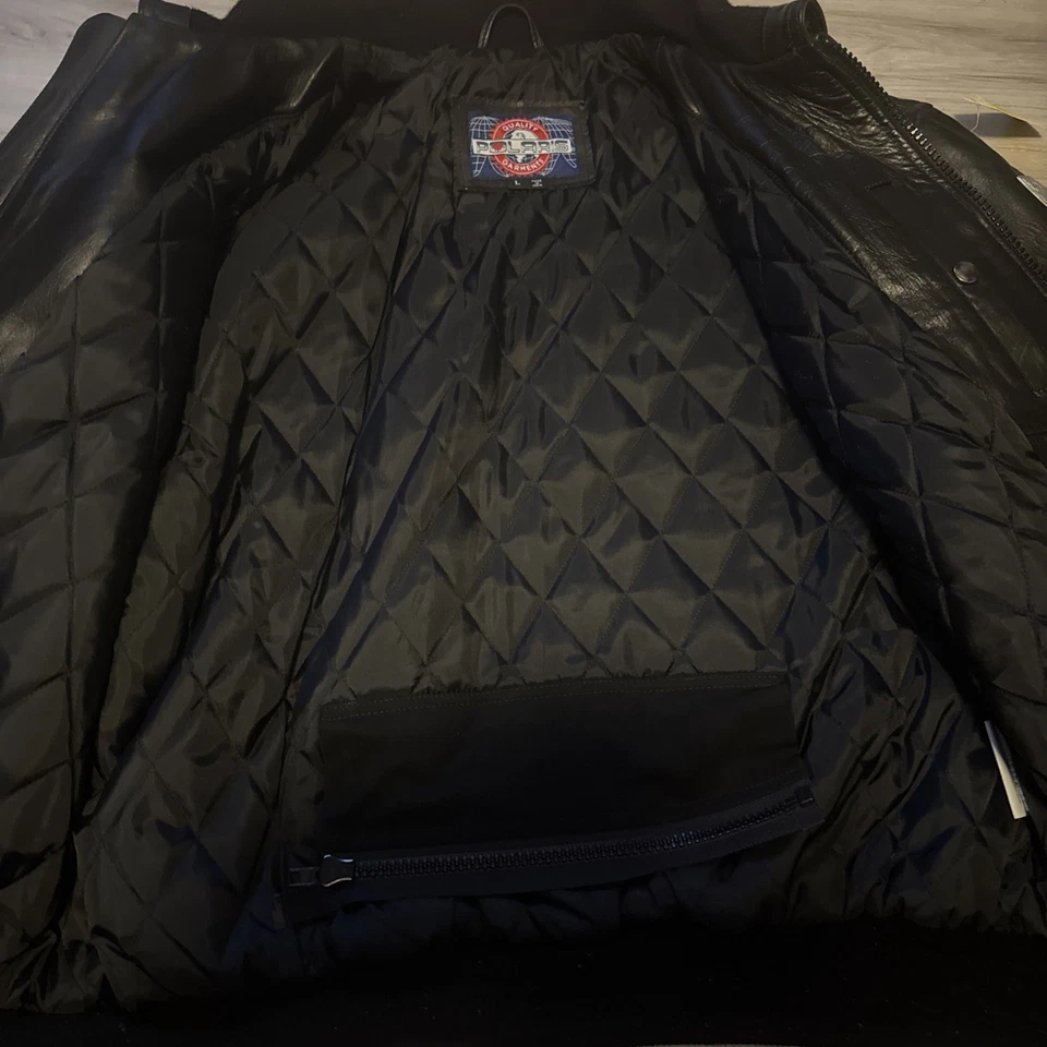 Vintage Polaris Jacket Mens XL Black Leather 90s Bomber Snowmobile Quilted - Image 3 of 4