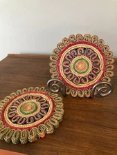 Vintage Pot Holder Hot Pad Woven Rattan Wicker Straw Trivet Boho MCM Set Of 2