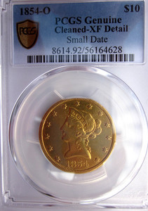 1854-O LIBERTY GOLD EAGLE $10 DOLLAR NEW ORLEANS MINT PCGS XF RARE NICE SM DATE