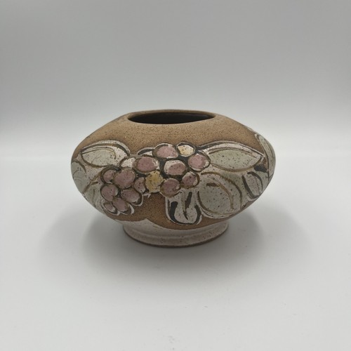Unique Small Studio Art Pottery Vase Grapes with leaf design, Signed