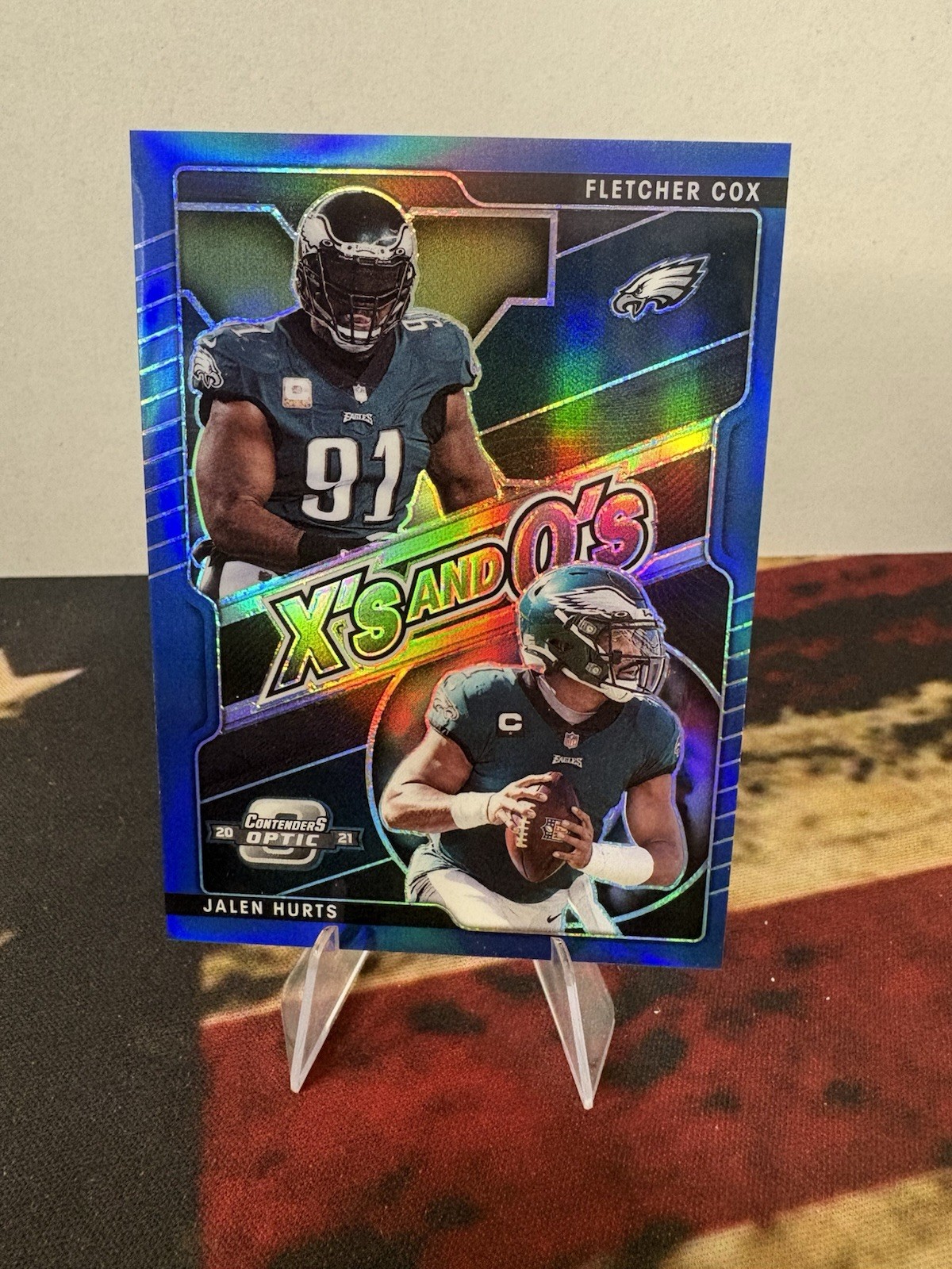 2021 Contenders Optic Fletcher Cox Jalen Hurts X's and O's Blue Prizm /99