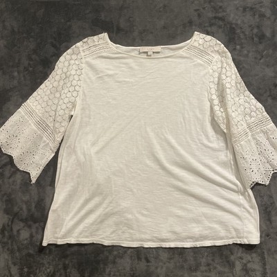 Ann Taylor LOFT White Lace  Sleeve Shirt Sz Large  Chic Boho Eyelet Lace Detail 