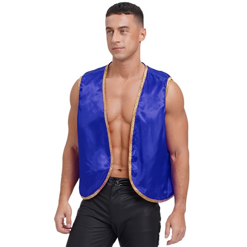 Men Arabian Prince Costume Satin Vest Halloween Open Front Waistcoat Outerwear - Picture 29 of 49