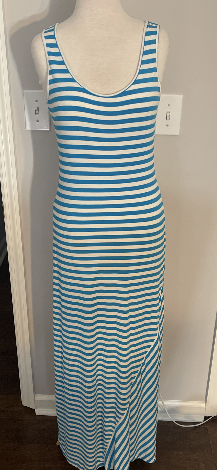 Calvin Klein Turquoise & White Striped Knit Sleeveless Maxi Dress Size 6