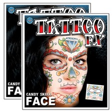 Tinsley Day of the Dead Candy Skull Full Face Temporary Tattoo - 2 Sets - SALE 