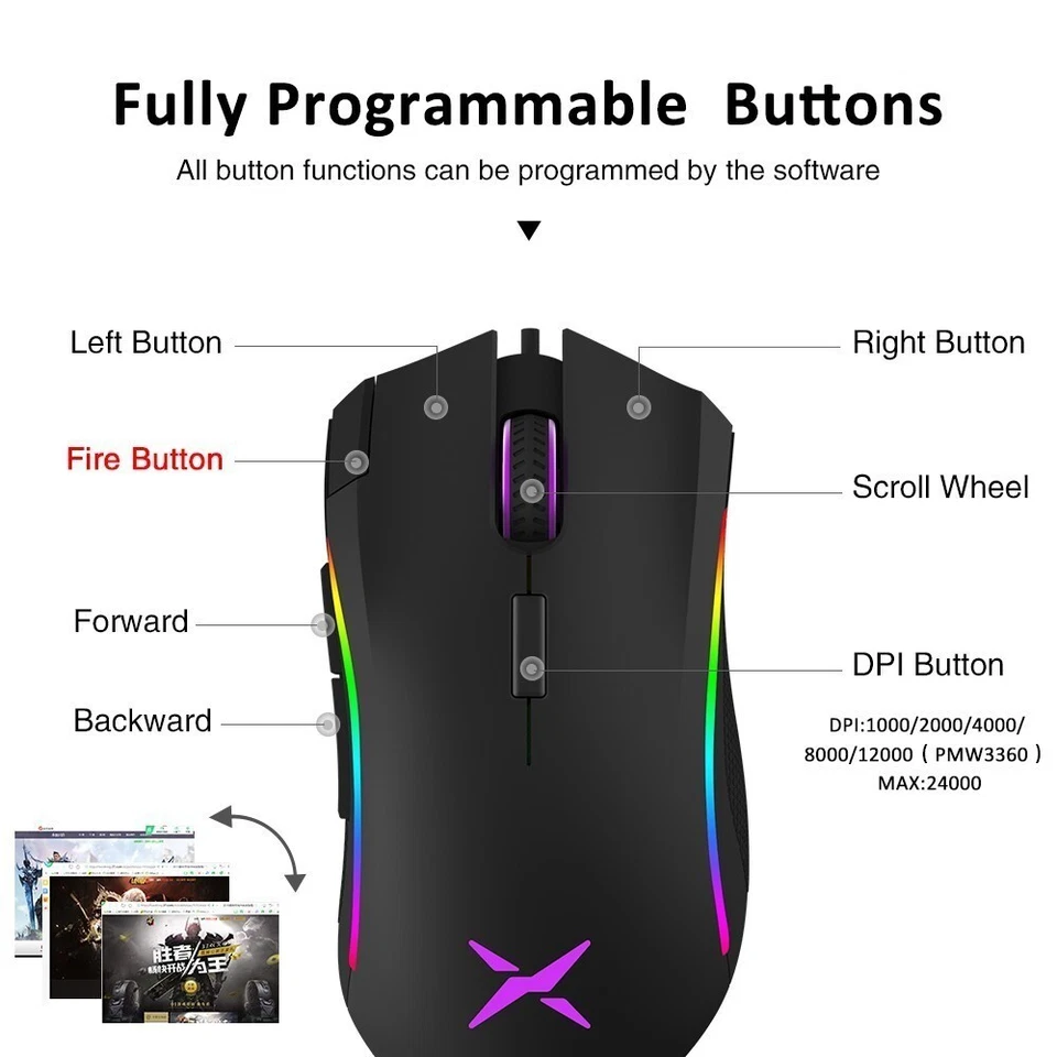 Delux M625 Gaming Mouse 7 Programmable Buttons RGB Backlight Wired with Fire Key - Image 3 of 4