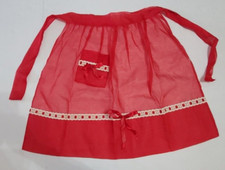 Vintage Red Sheer Half Apron Pocket Ribbon Trim Cottage Core Kitschy Hostess