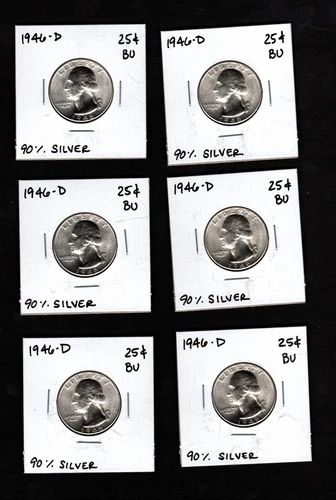 Lot of 6 1946 D- Washington Quarters- BU 90% Silver