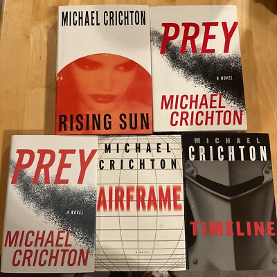 x5 Michael Crichton Hardcover Lot: Timeline, Prey, Rising Sun, Airframe