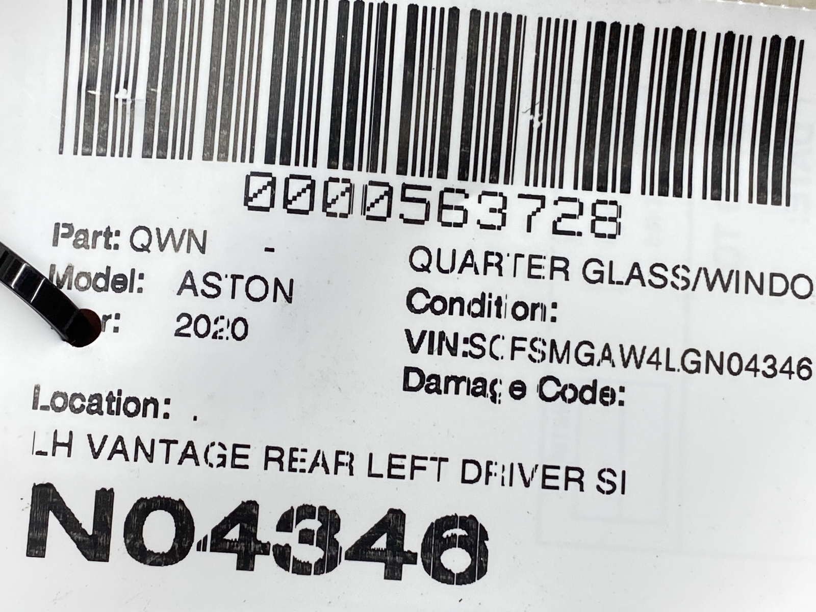 2019-2023 ASTON MARTIN VANTAGE REAR LEFT DRIVER SIDE QUARTER WINDOW GLASS PANEL