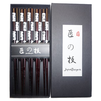Japanese 5 Pair Reusable Plum Blossom White Ume Wooden Chopsticks Gift Set S4511