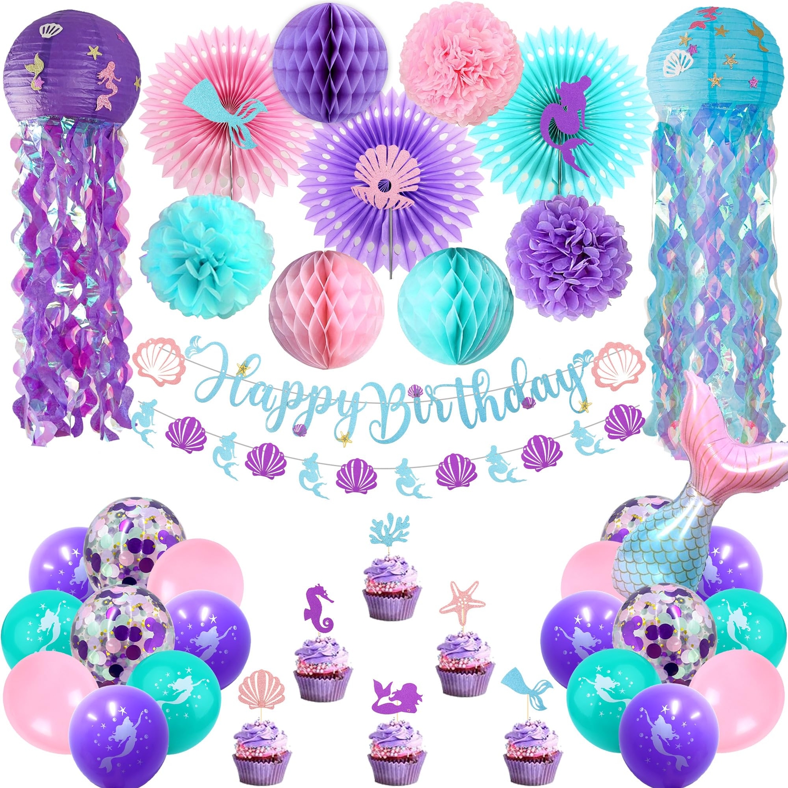 Ouddy Life Mermaid Birthday Party Decorations 48Pcs Happy Birthday Banner Jel...