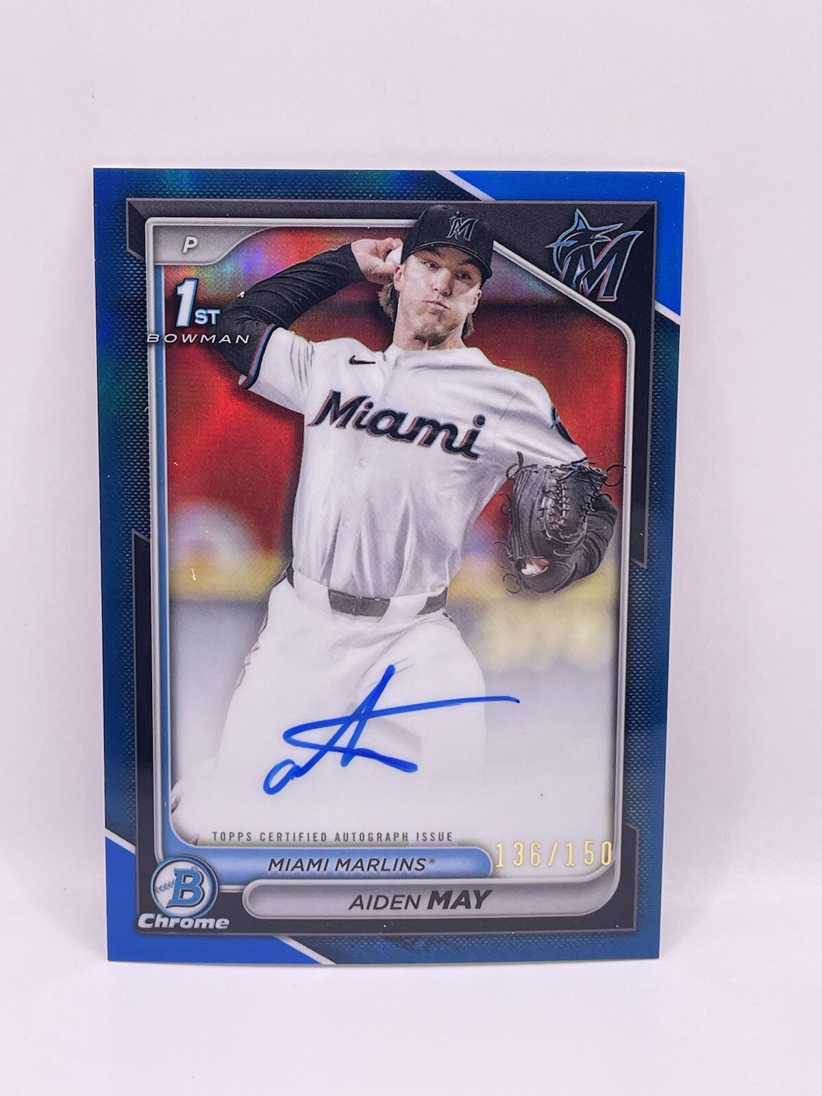 2024 Bowman Draft AIDEN MAY Chrome Prospect Auto Blue /150 #CPA-AM MIAMI MARLINS
