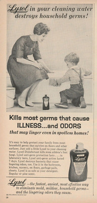 1964 Lysol Vintage Print Ad 1960s Toddler Helping Mom Clean Bathroom Tub