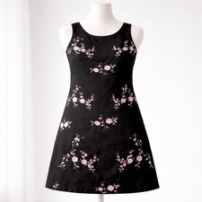 Ultra Dress New York Linen 12 Embroidered Black Pink Flowers Lined Sleeveless