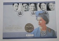 2002 Queen Elizabeth II Golden Jubilee UK Five Pounds £5 Coin & Stamps Cover PNC