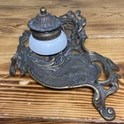 Vintage Ornate Brass & Milk Glass Inkwell Decorative Collectible Desktop